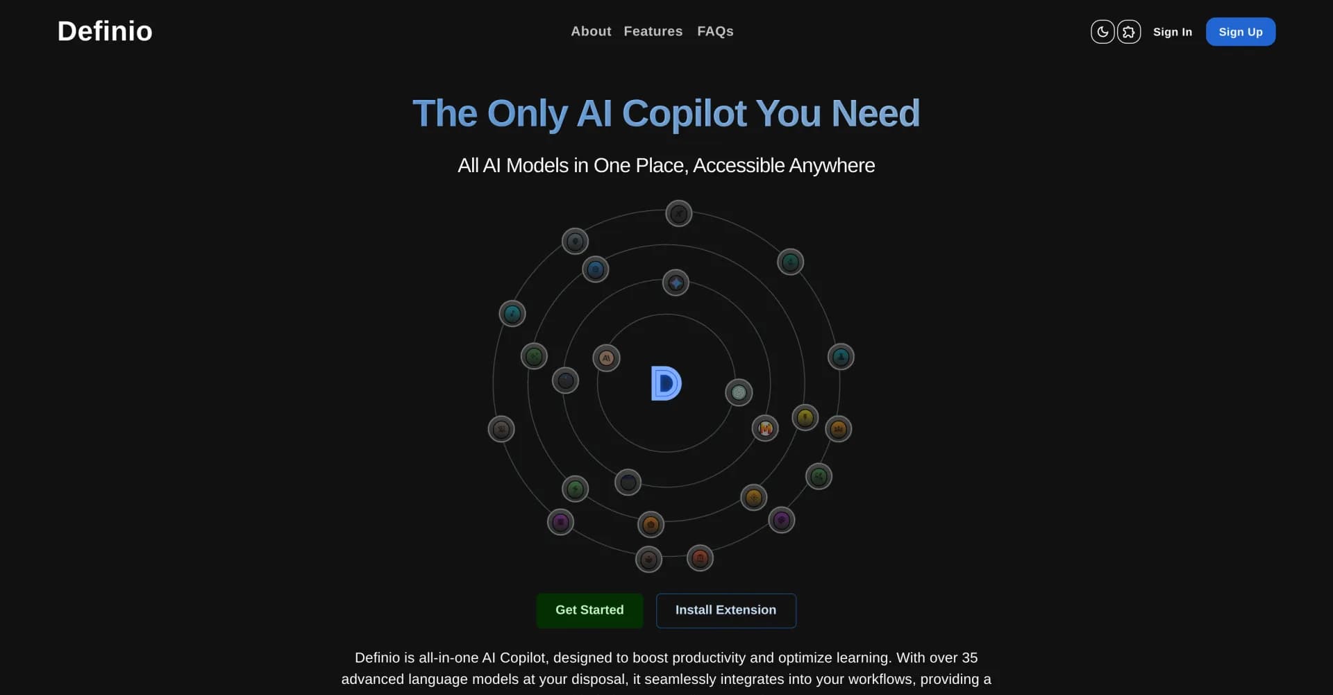 Definio homepage screenshot — AI-powered copilot for learning and productivity.