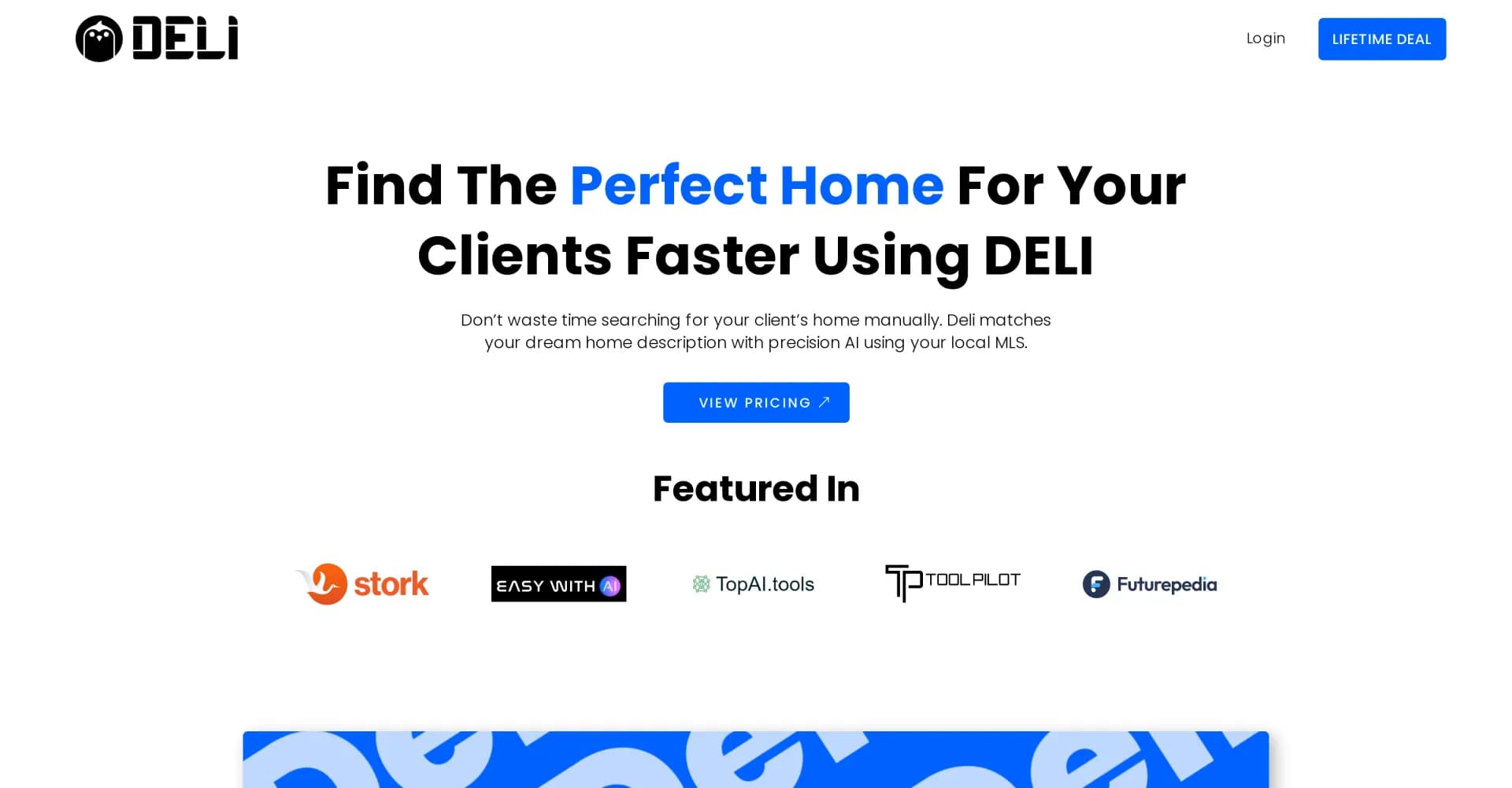 DELI homepage screenshot — AI-powered home matching for faster client success