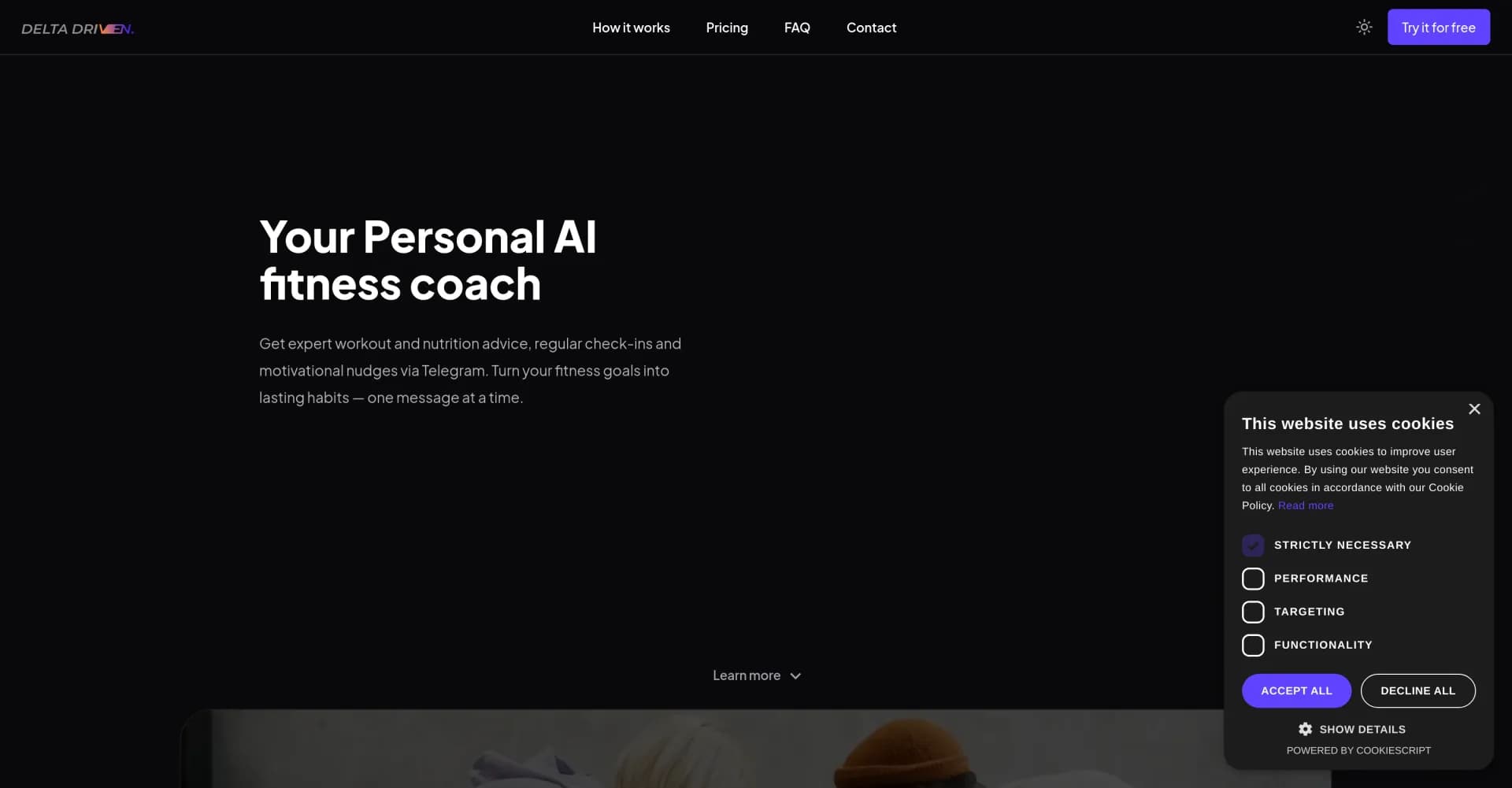 Delta Driven homepage screenshot — Turn fitness goals into habits with AI coaching on Telegram.