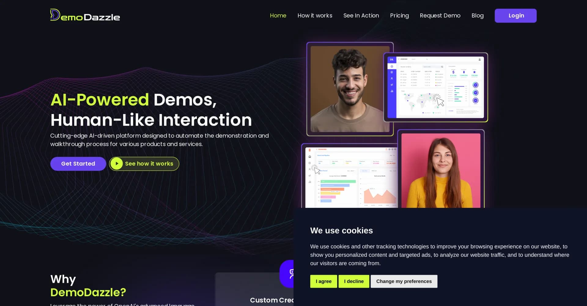 DemoDazzle homepage screenshot — Elevate app demos with AI avatars and real-time interaction.