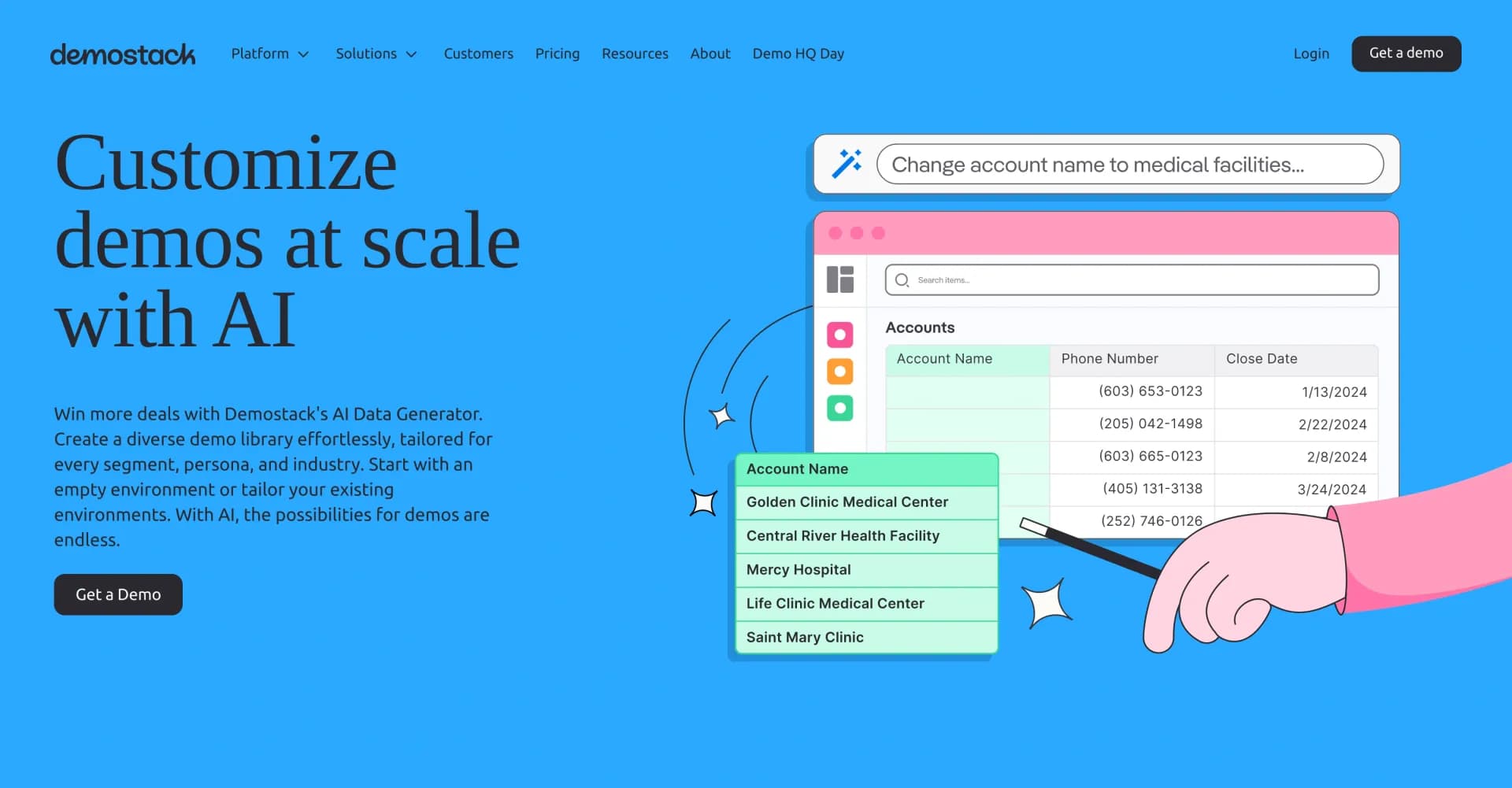 Demostack homepage screenshot — AI-powered demo customization at scale.