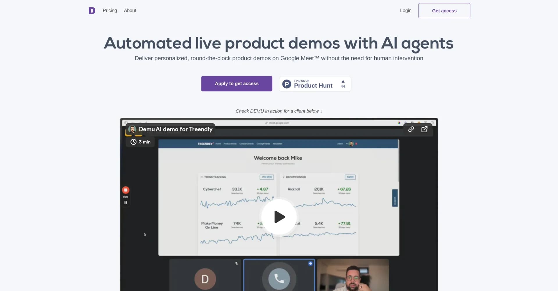 Demu homepage screenshot — AI agents deliver instant, personalized product demos 24/7