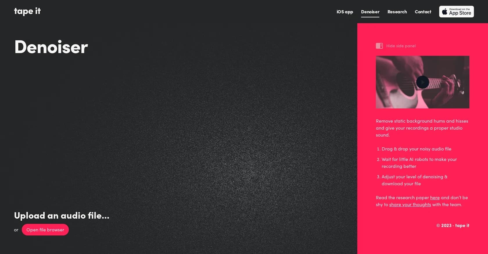 Denoiser by TapeIt homepage screenshot — Reduced background noise in audio recordings