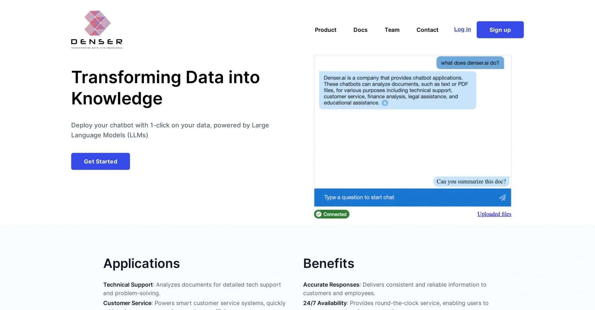 DenserBot homepage screenshot — Deploy 1-click chatbots on your data, powered by LLMs