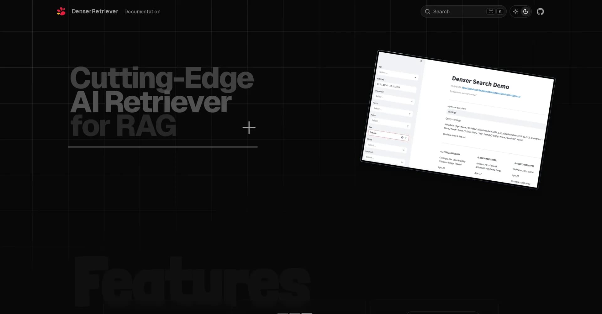 DenserRetriever homepage screenshot — Cutting-edge AI retriever for RAG