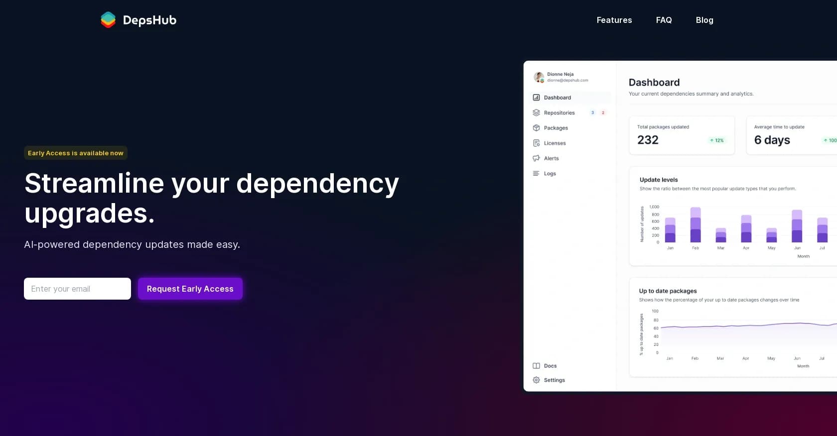 Depshub homepage screenshot — AI-powered dependency updates made easy.