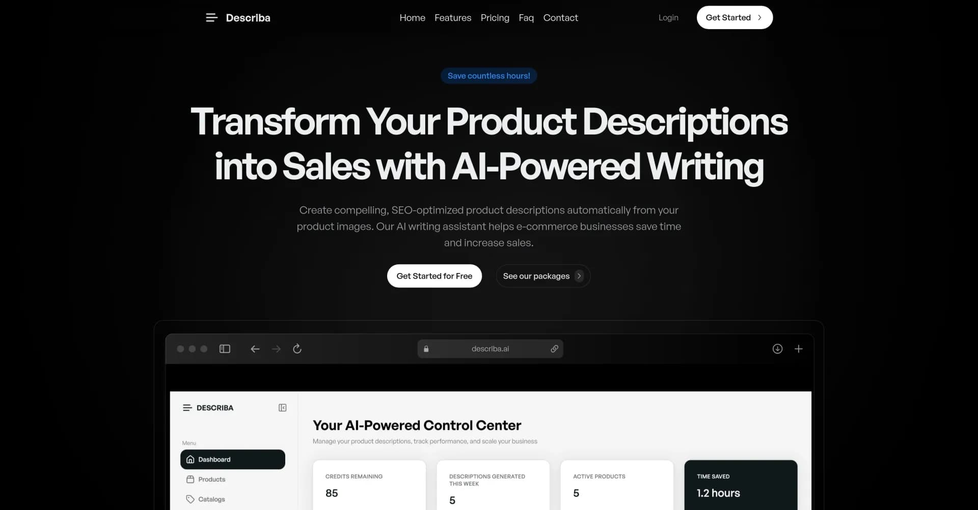 Describa homepage screenshot — Transform product descriptions into sales with AI