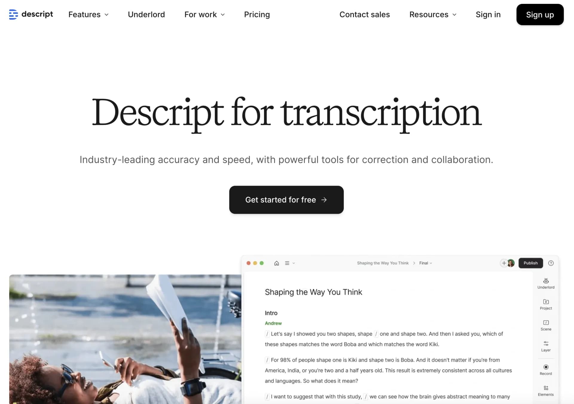 Descript homepage screenshot — Turn speech to text with AI-powered transcription and editin