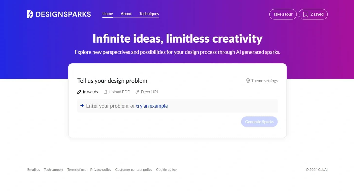 Design Sparks homepage screenshot — Unleash infinite ideas for your design process with AI