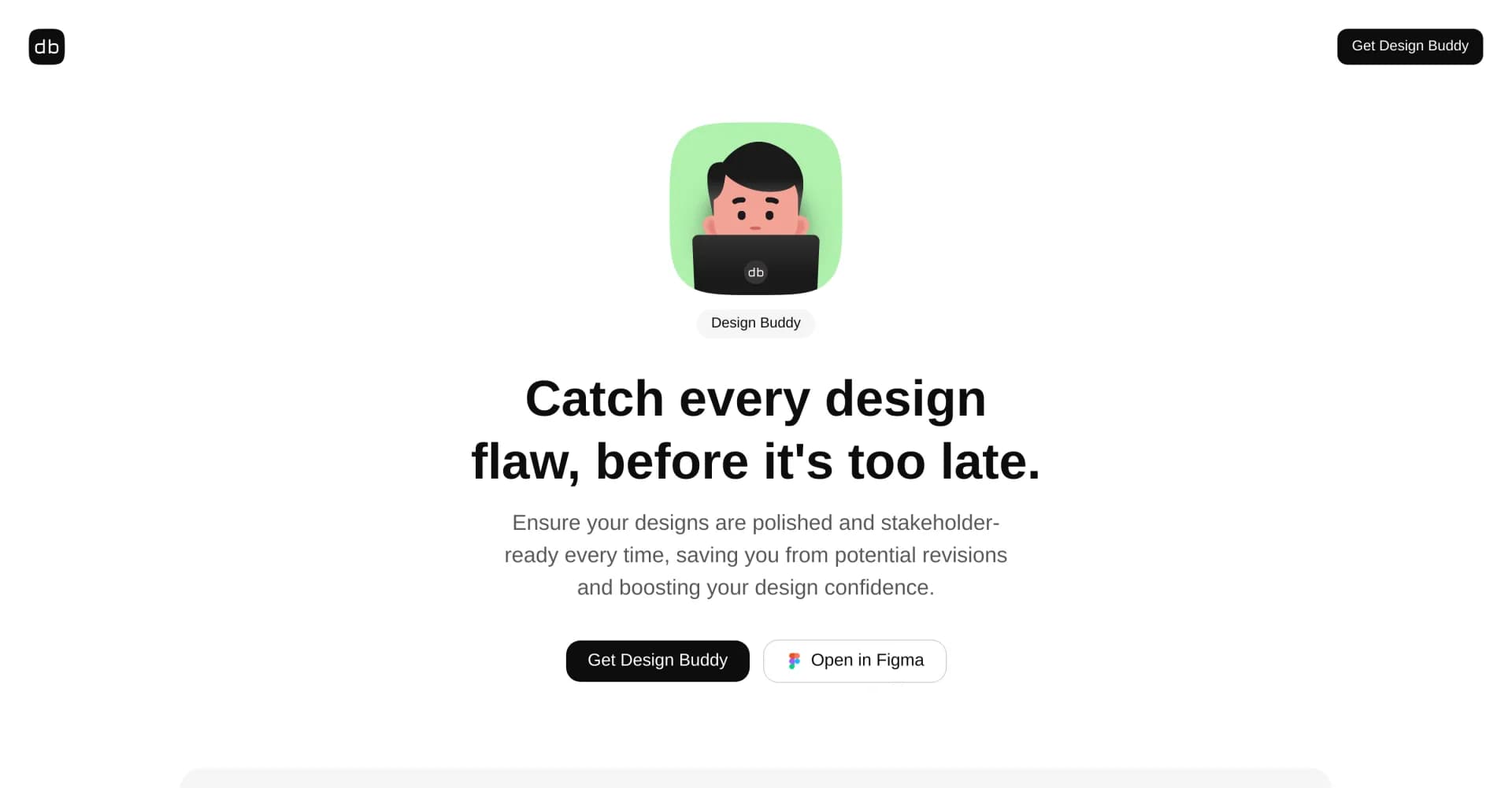 DesignBuddy.net homepage screenshot — AI-powered design review for flawless Figma projects