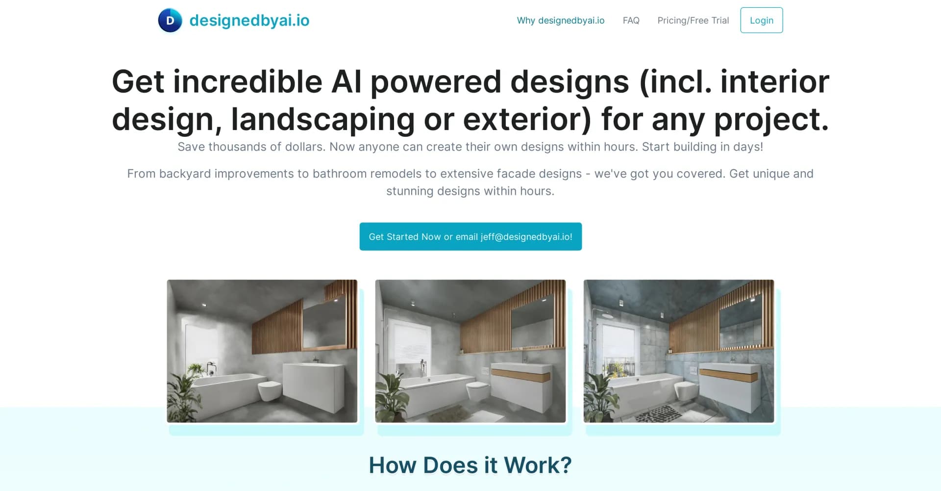Designedbyai homepage screenshot — Create stunning interior designs with AI in seconds