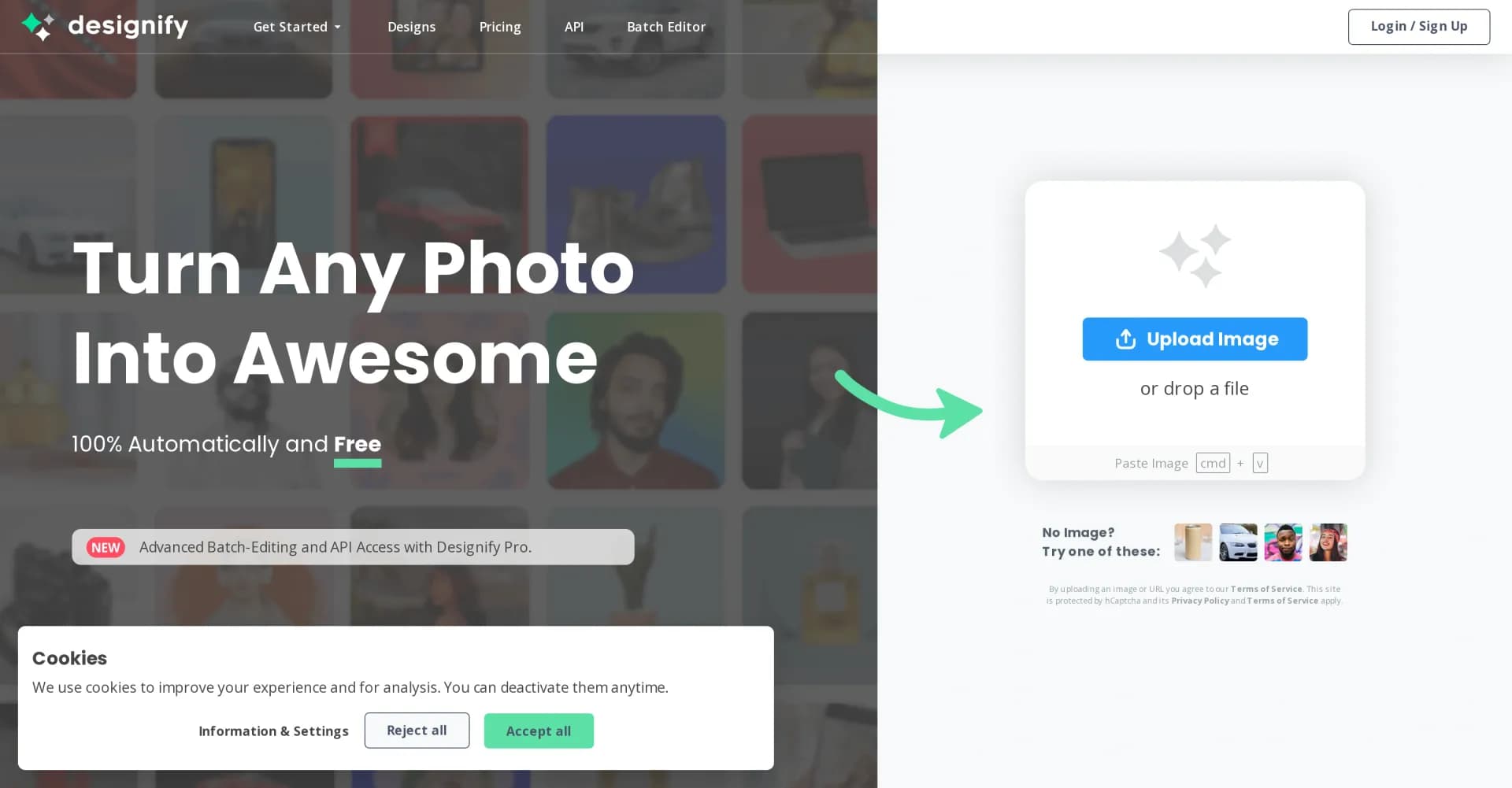 Designify homepage screenshot — Turn any photo into awesome, automatically.