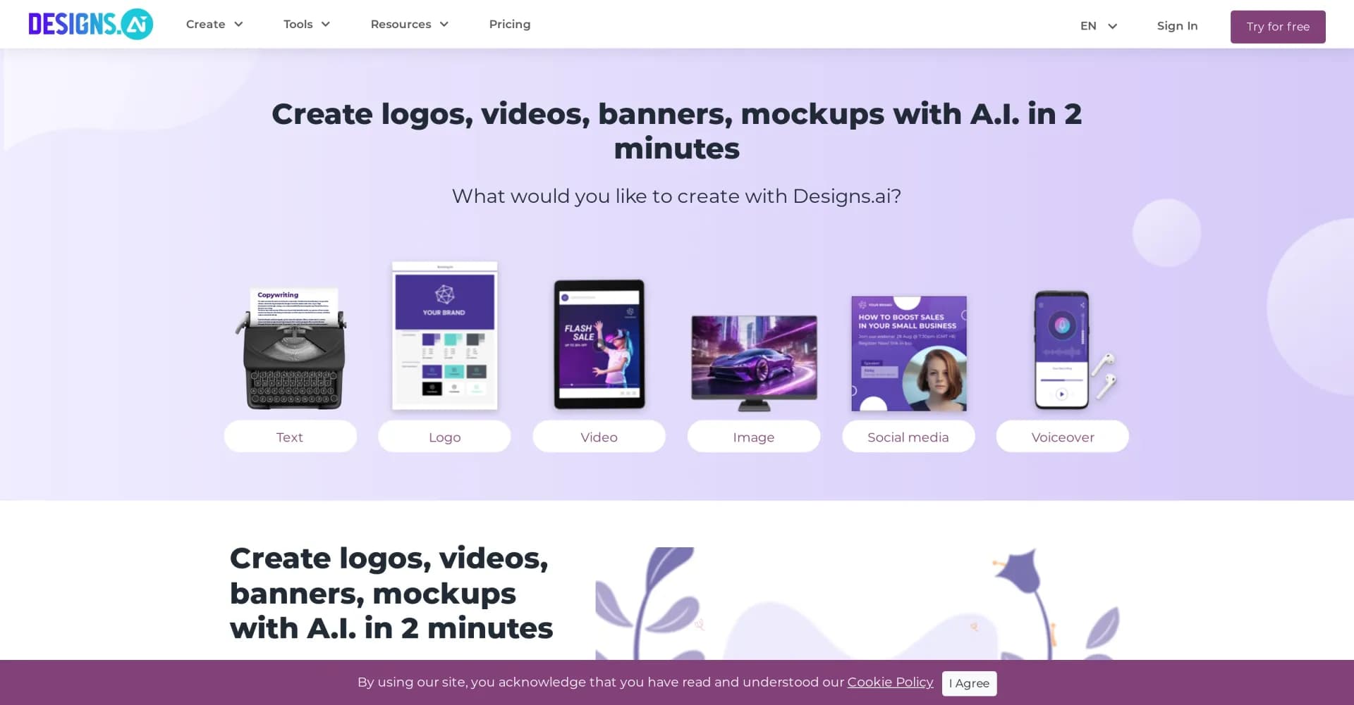 Designs AI homepage screenshot — Create anything online in 2 minutes with AI.