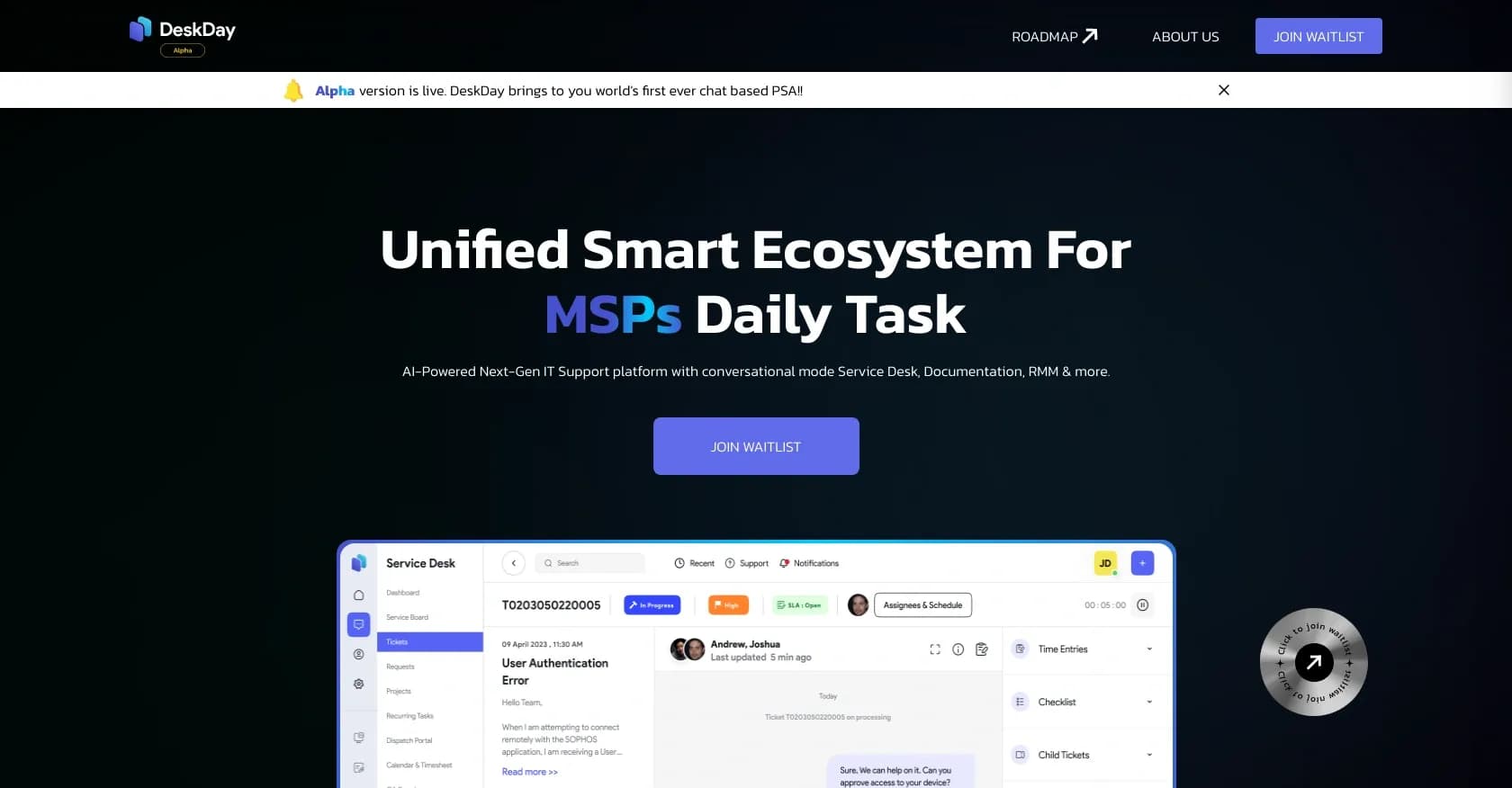DeskDay homepage screenshot — AI-powered IT support platform for MSPs