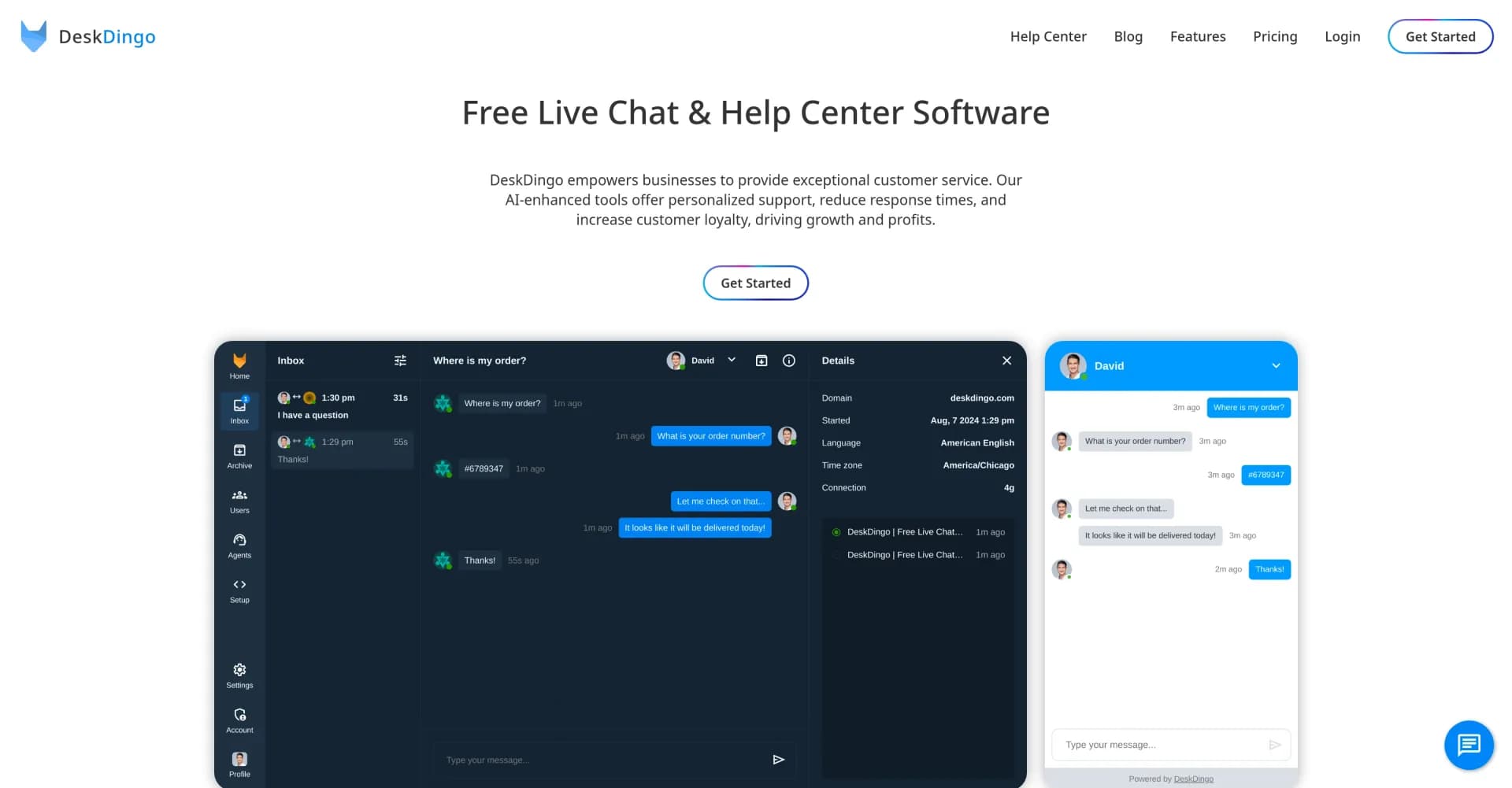 DeskDingo homepage screenshot — Empower exceptional customer service with AI.