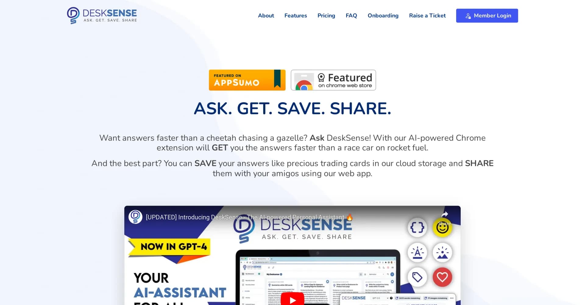 Desksense homepage screenshot — AI-powered browsing assistant: Ask, get, save, share.
