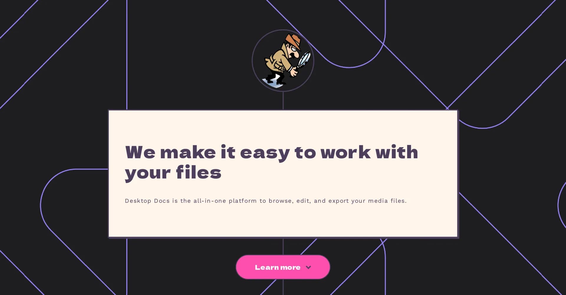 Desktop Docs homepage screenshot — Browse, edit, and export all your files in one place.