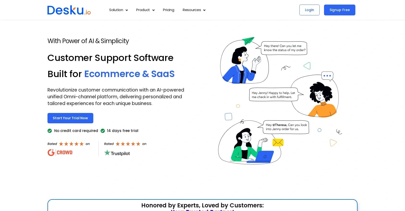 Desku homepage screenshot — Streamline customer support across all channels.