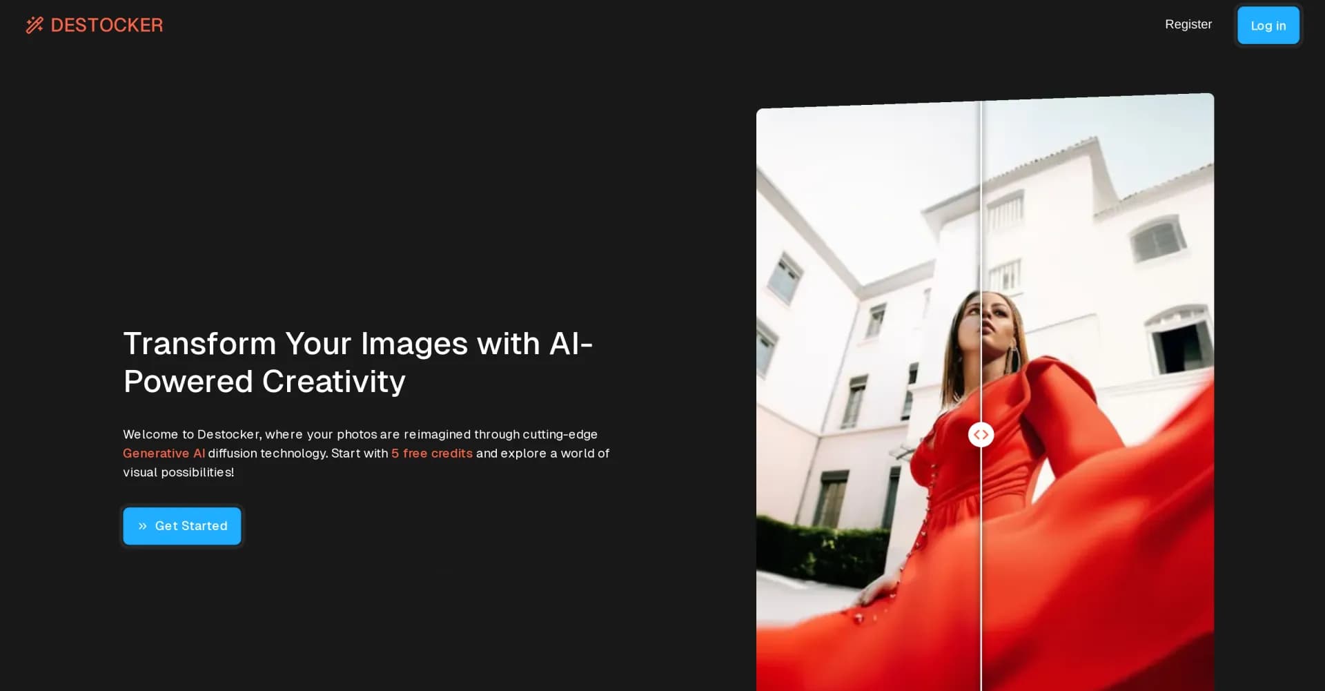 Destocker homepage screenshot — Transform images with AI-powered creativity