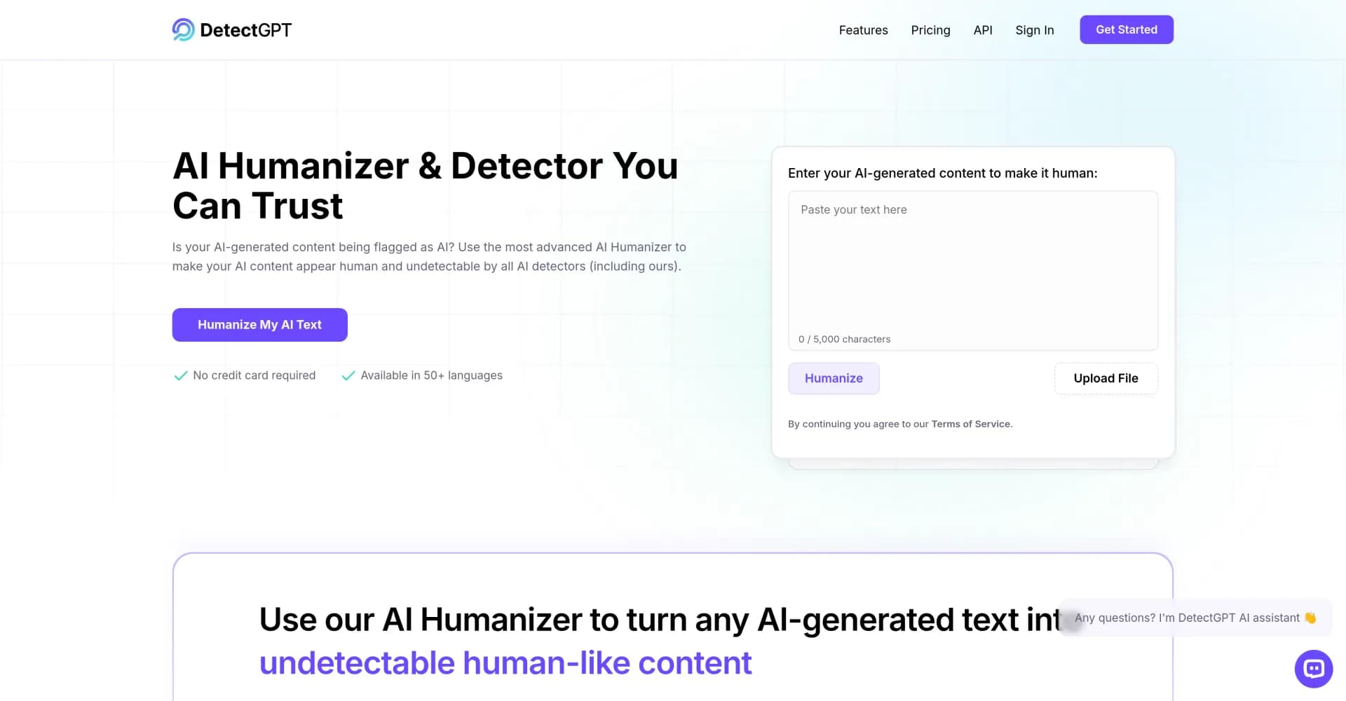 DetectGPT - AI Humanizer homepage screenshot — Bypass AI detectors with human-like content