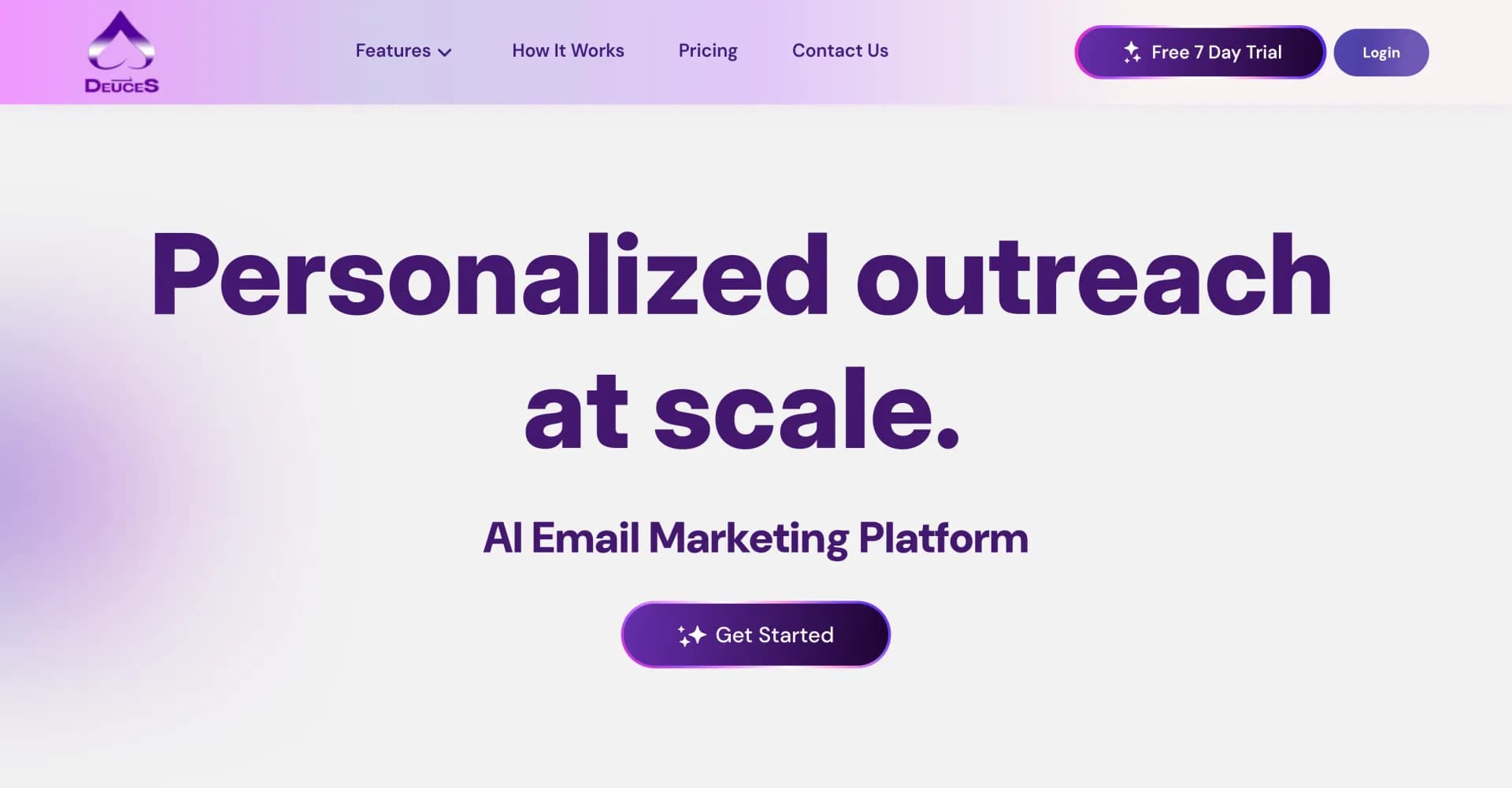 Deuces AI homepage screenshot — Personalized mass emails with precision.