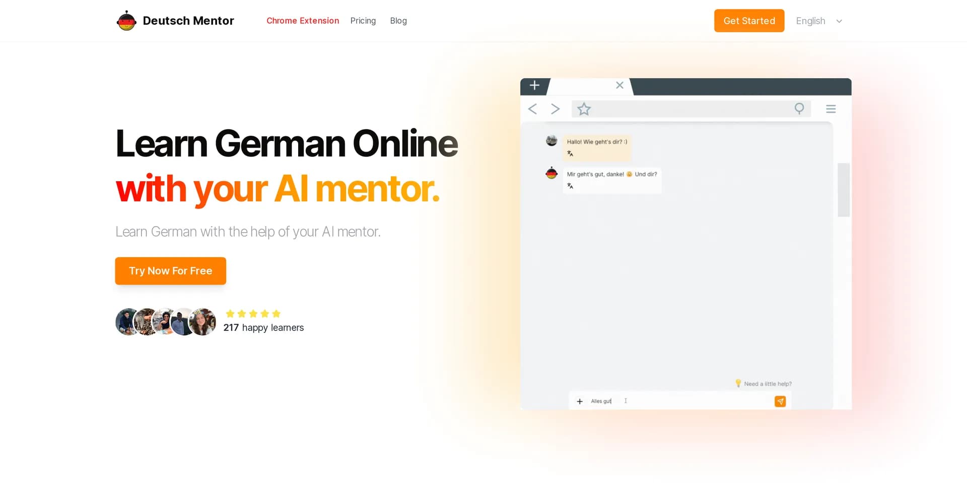 Deutsch Mentor homepage screenshot — Learn German online with your AI mentor.