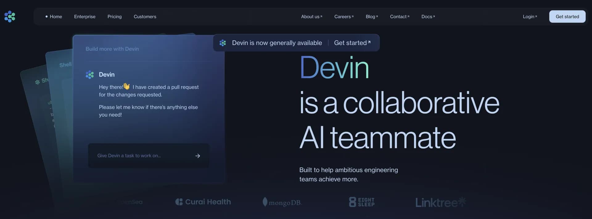 Devin homepage screenshot — AI teammate for ambitious engineering teams