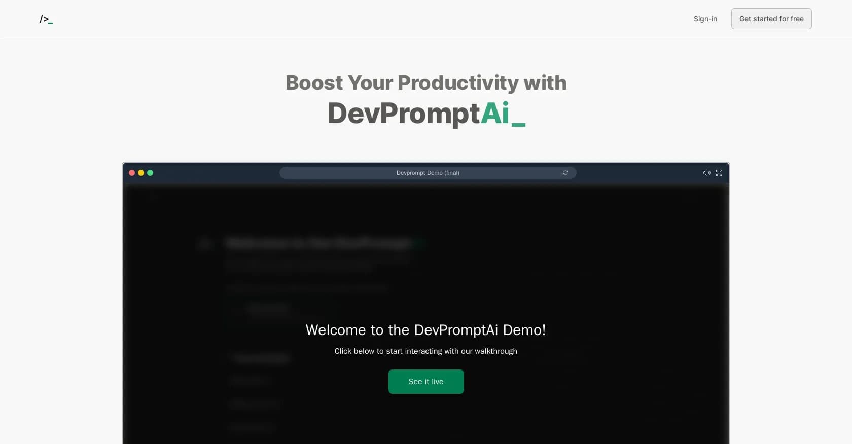 DevPrompt homepage screenshot — Boost coding productivity with AI-powered prompts.