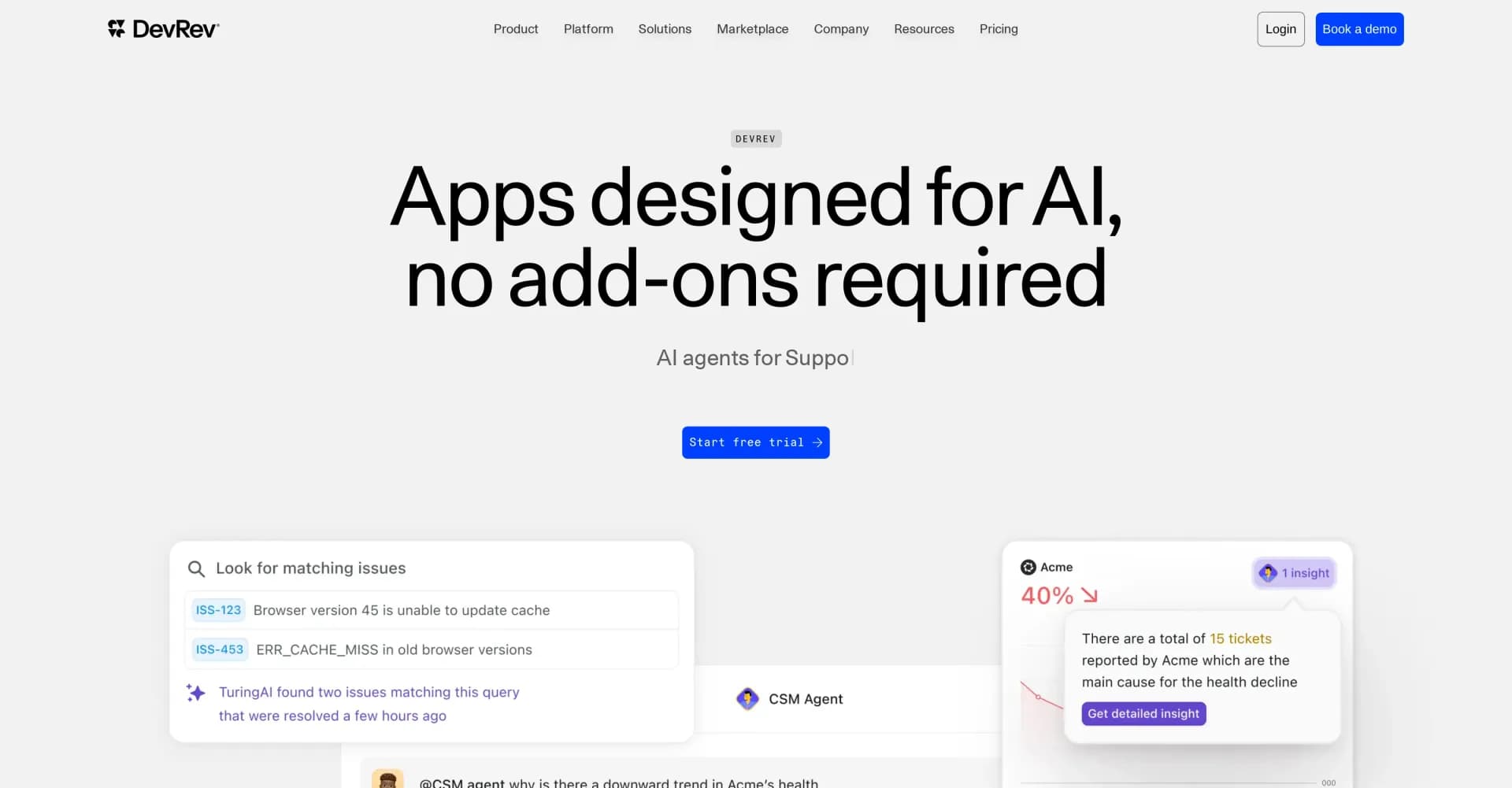 DevRev AgentOS homepage screenshot — AI-powered apps for smarter product management