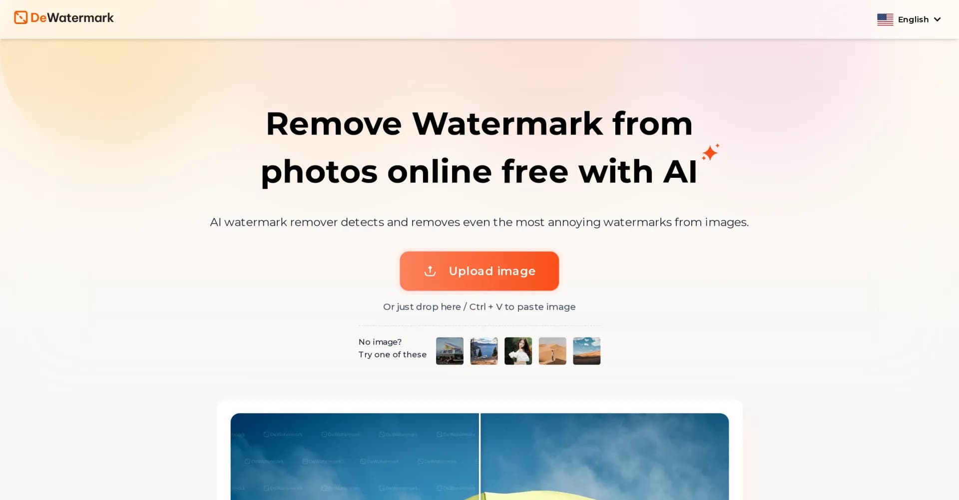 Dewatermark homepage screenshot — AI-powered watermark removal in seconds.