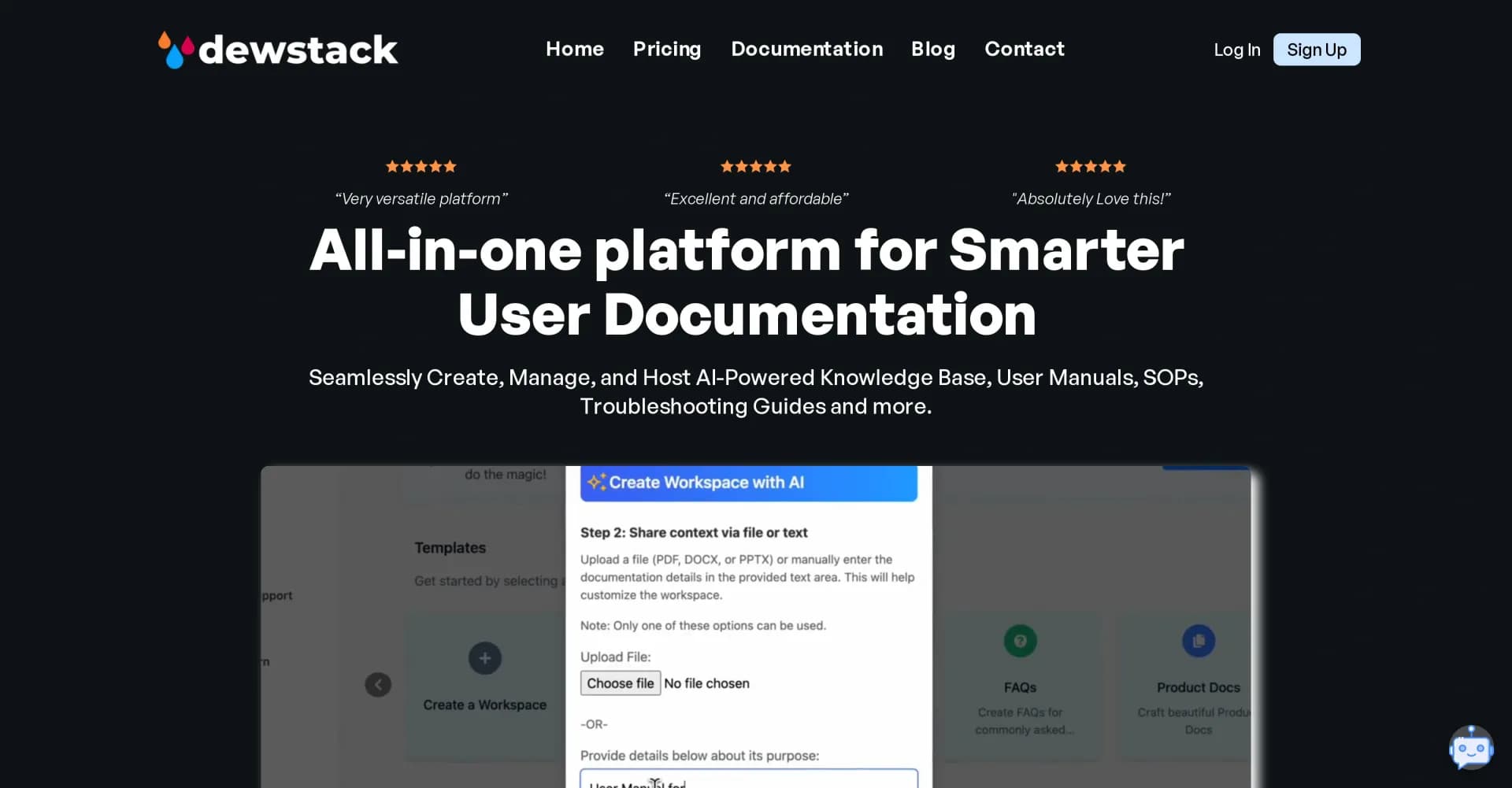 Dewstack homepage screenshot — Craft, manage, and host intelligent docs effortlessly.
