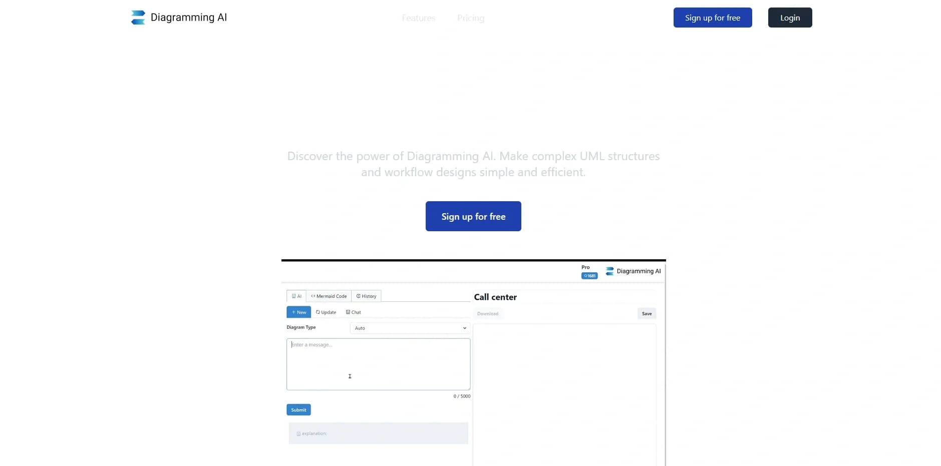 Diagramming homepage screenshot — Instantly design UML & workflows with AI