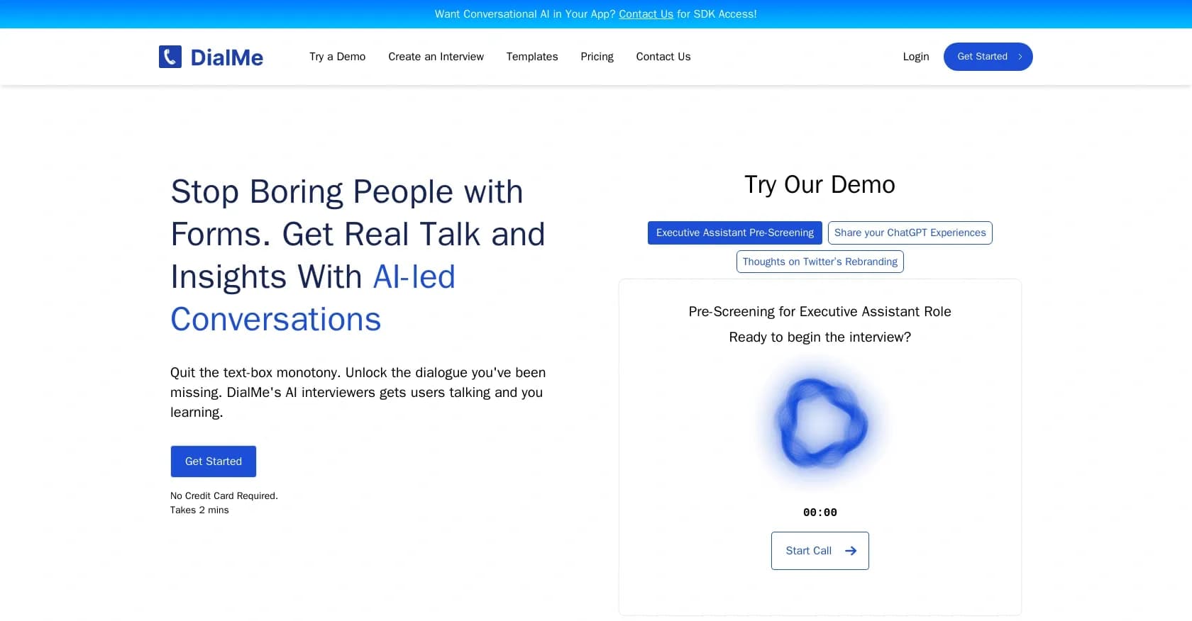 DialMe homepage screenshot — Automate interviews and save time.