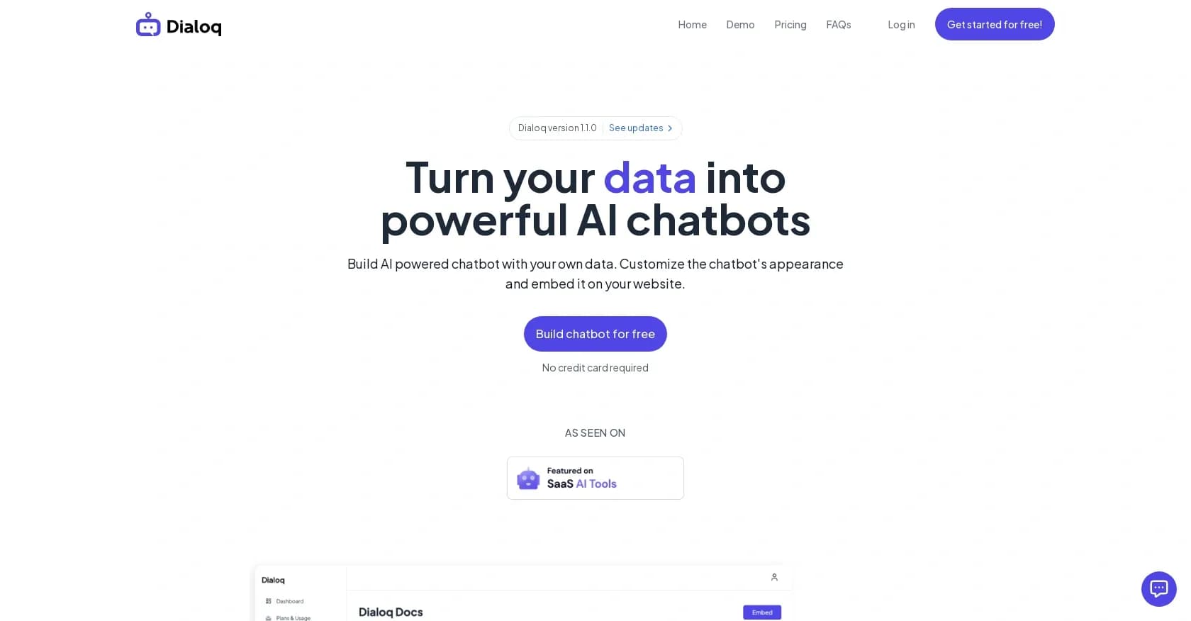 Dialoq homepage screenshot — Turn your data into powerful AI chatbots