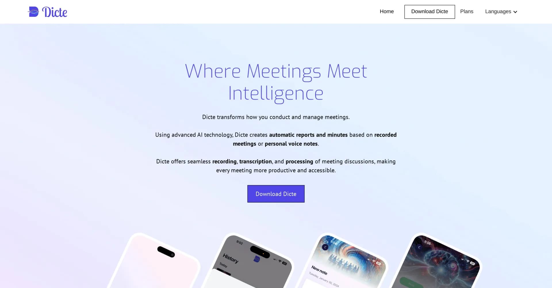 Dicte.ai homepage screenshot — AI-powered meeting transcription and report generation