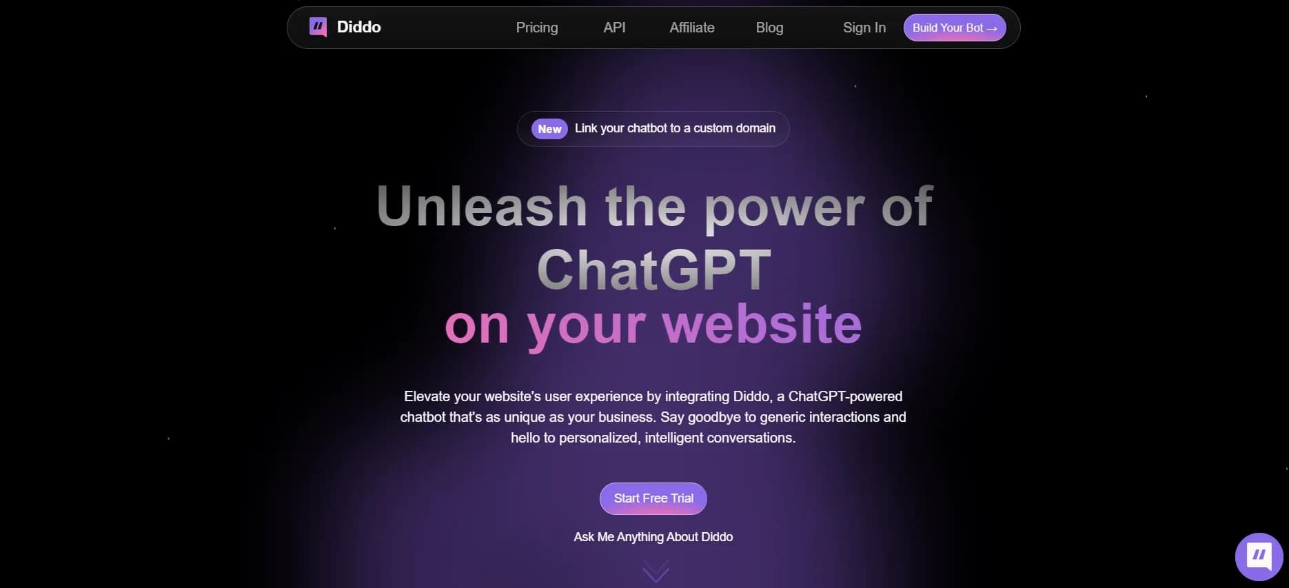 Diddo homepage screenshot — Build custom ChatGPT chatbots for your business