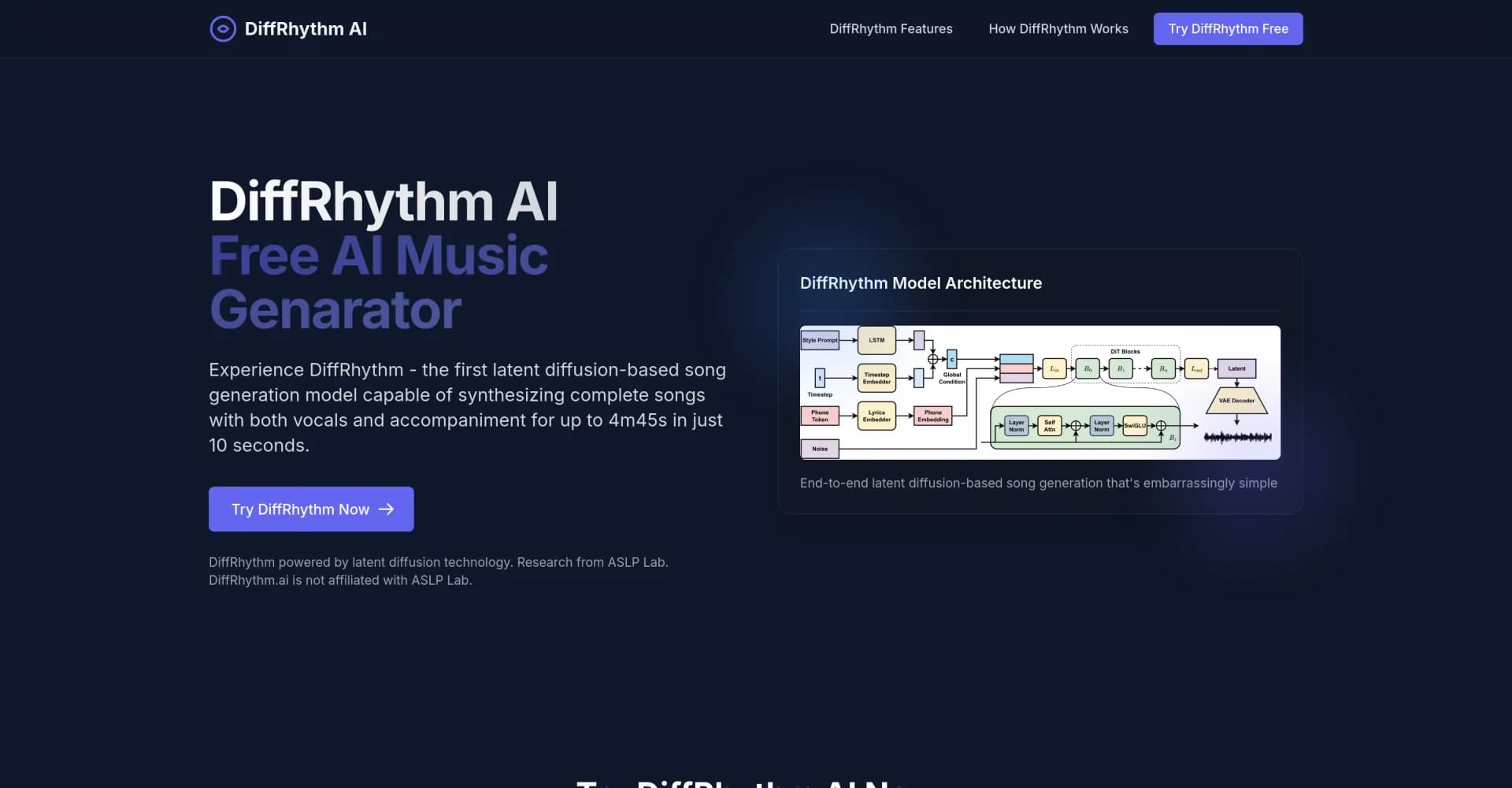 DiffRhythm homepage screenshot — Create complete songs in seconds with AI