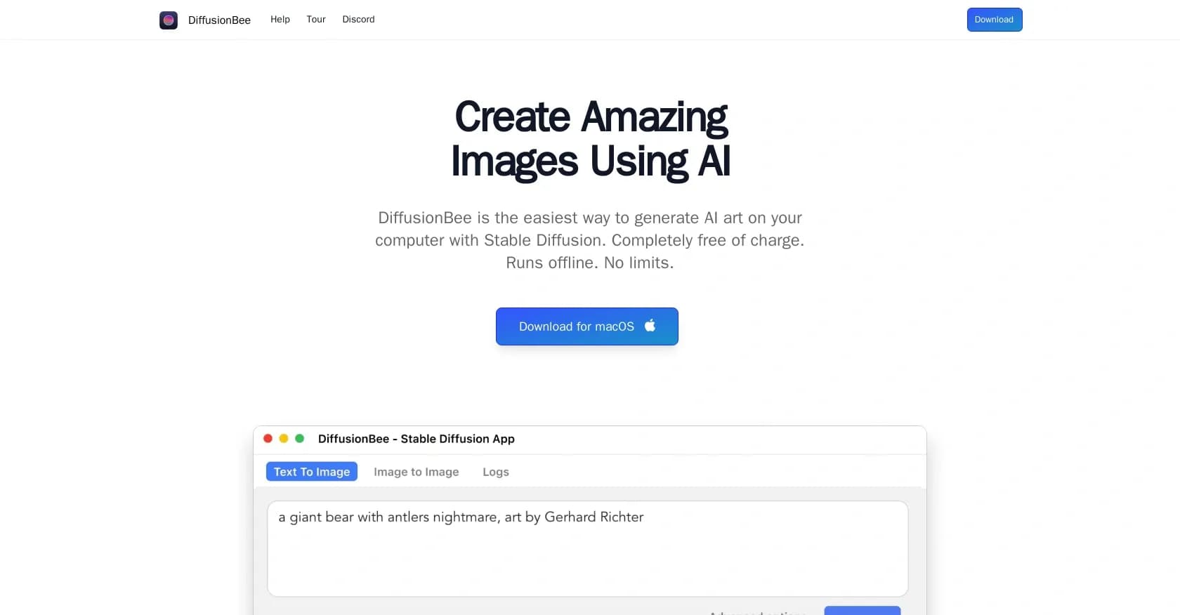 Diffusion Bee homepage screenshot — Generate AI art on your computer for free.