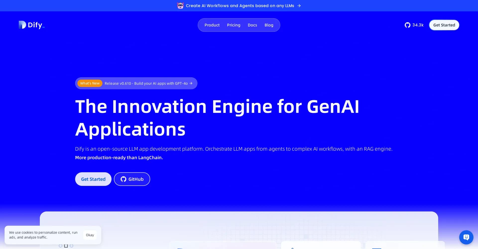 Dify homepage screenshot — Create AI workflows and agents with any LLM.