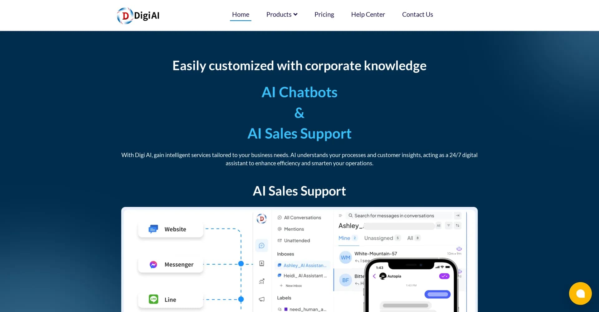DigiAI homepage screenshot — AI chatbots & sales support tailored to your business