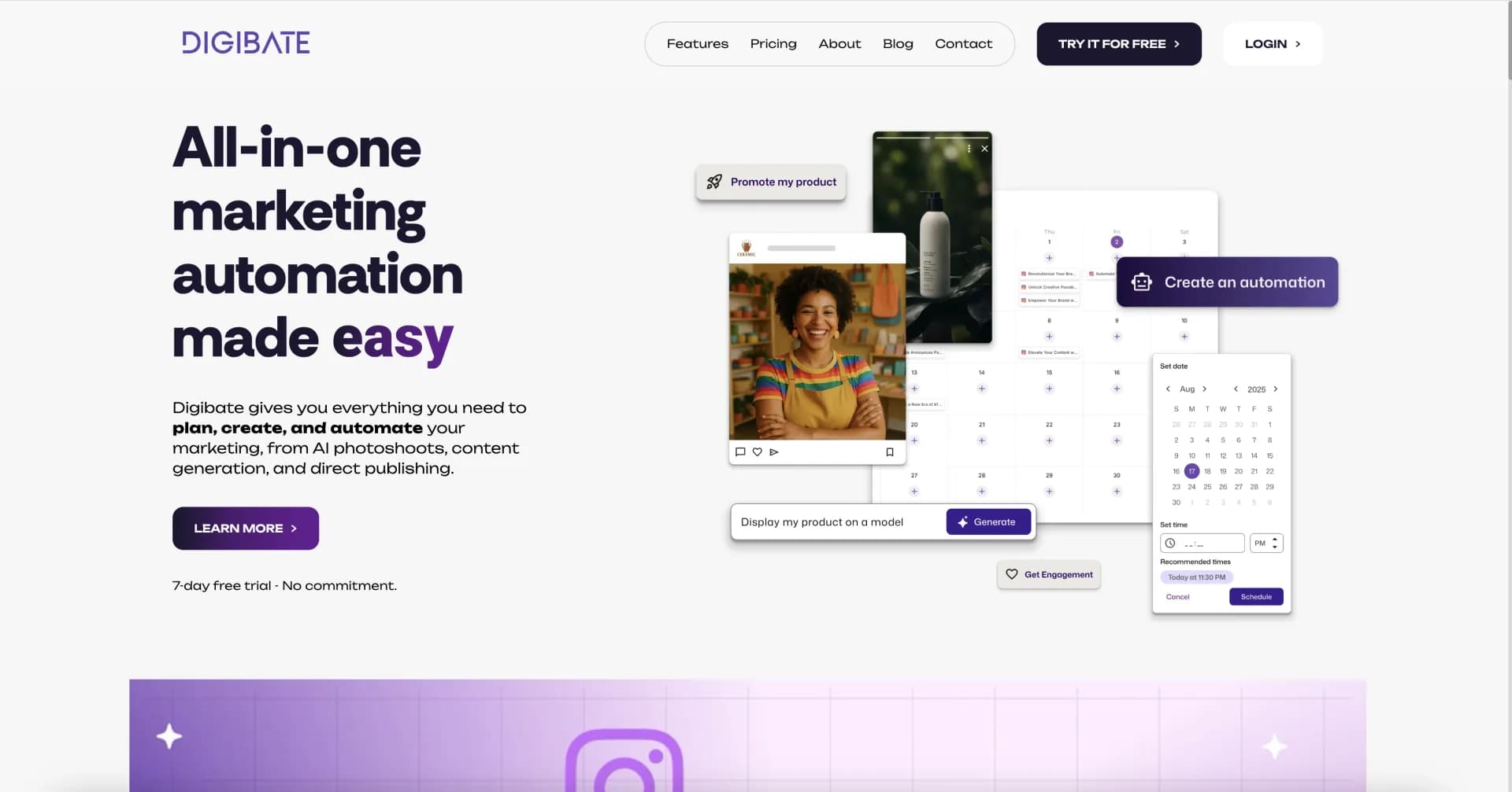 Digibate homepage screenshot — Smart marketing, done for you in minutes