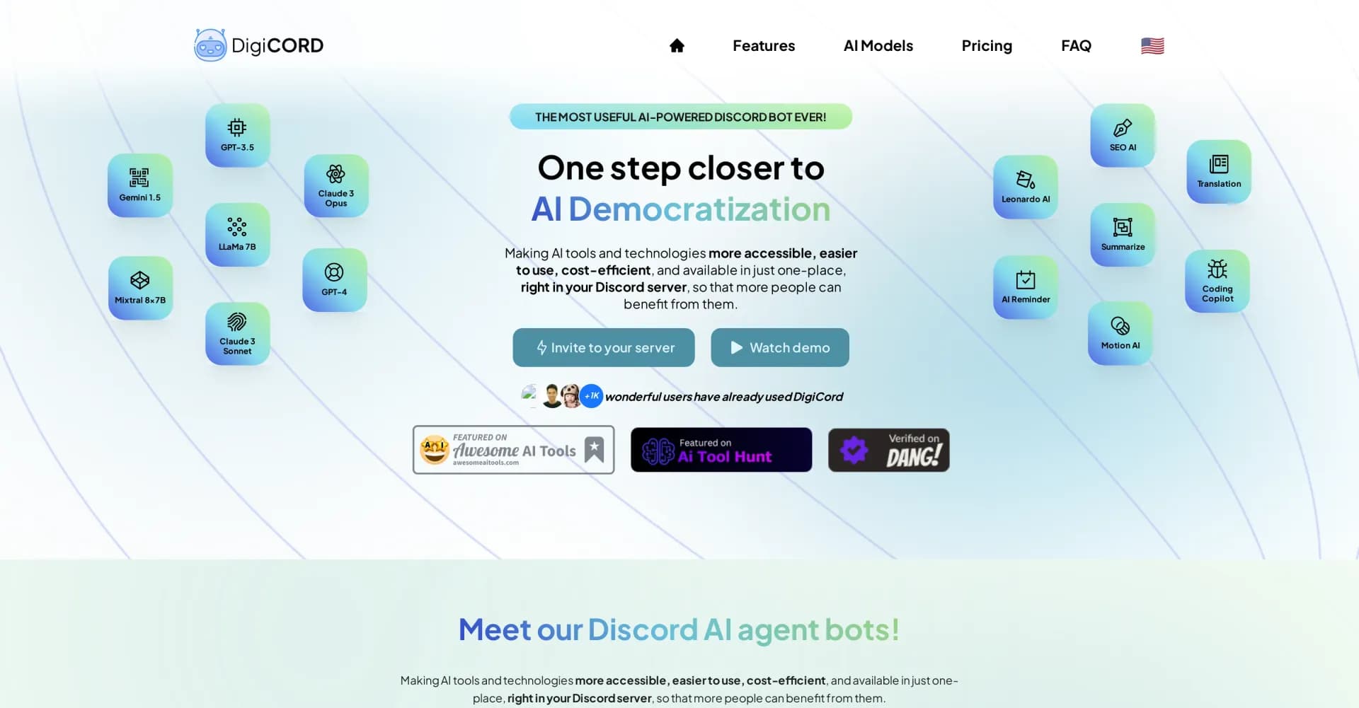 DigiCord homepage screenshot — The most powerful AI Discord bot for democratizing AI tools.