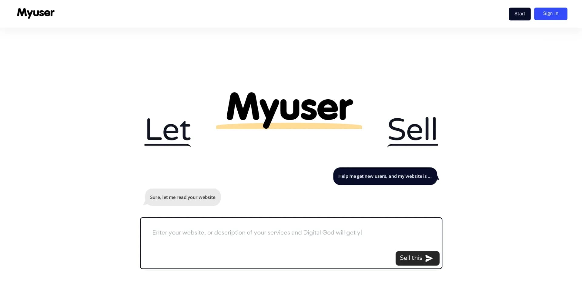 Digital God by Myuser homepage screenshot — Attract users effortlessly by chatting with AI.