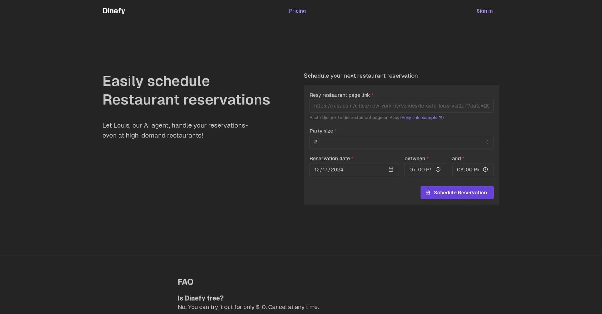 Dinefy homepage screenshot — AI agent handles restaurant reservations for you