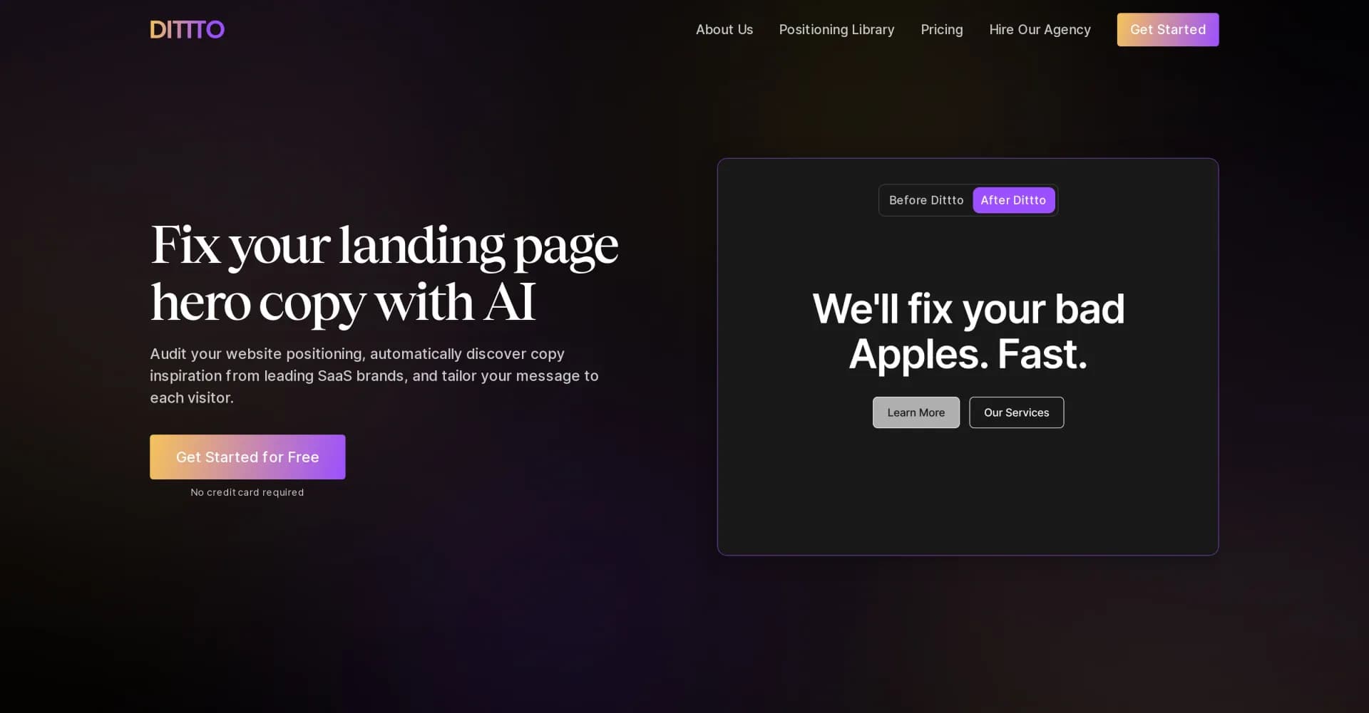 Dittto homepage screenshot — Fix your landing page copy with AI insights.