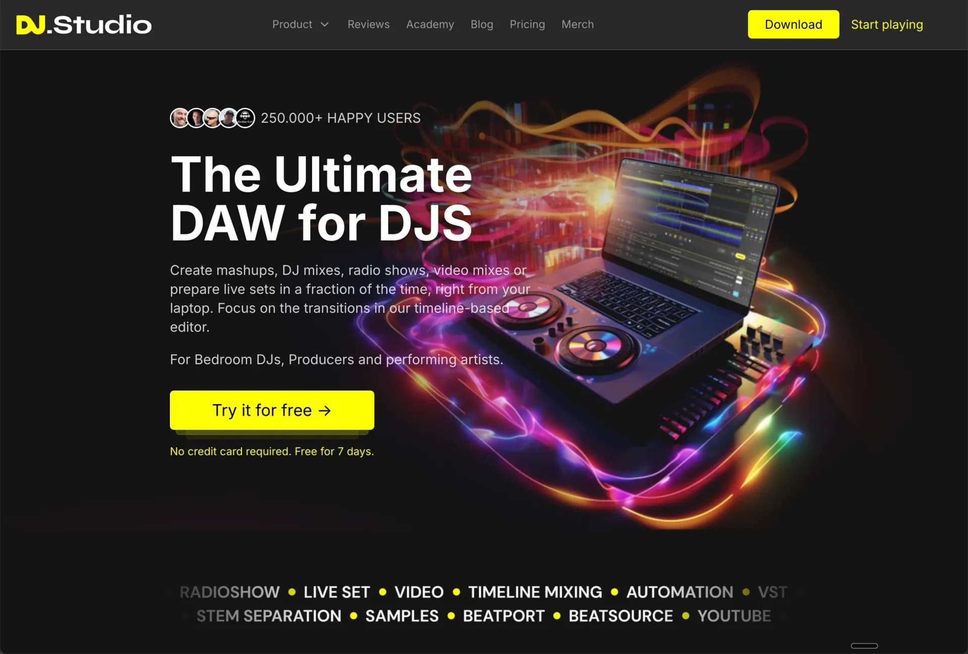 DJ.Studio homepage screenshot — Create mashups, DJ mixes, radio shows, video mixes or prepar