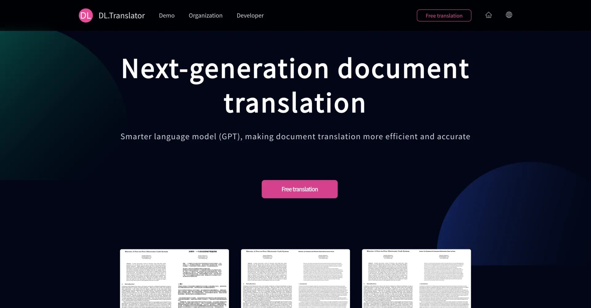 DLTranslator homepage screenshot — AI-powered document translation for multiple formats.