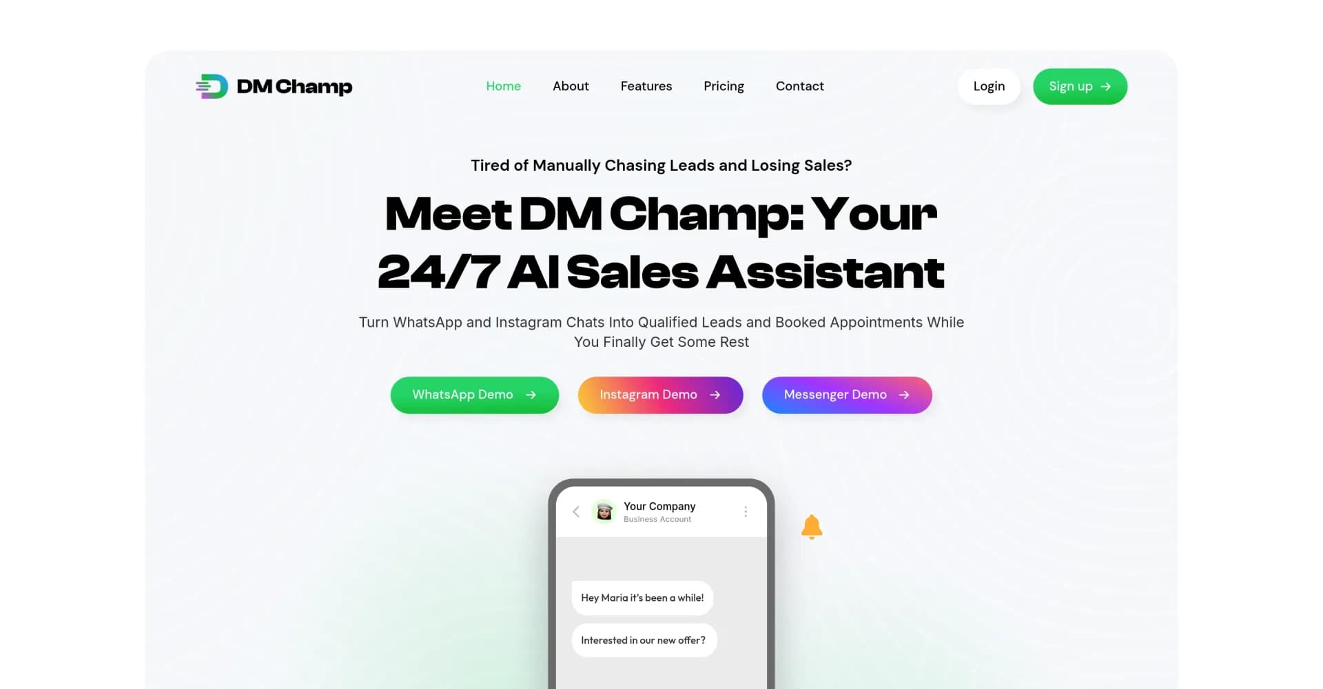 DM Champ homepage screenshot — Turn chats into qualified leads and booked appointments.