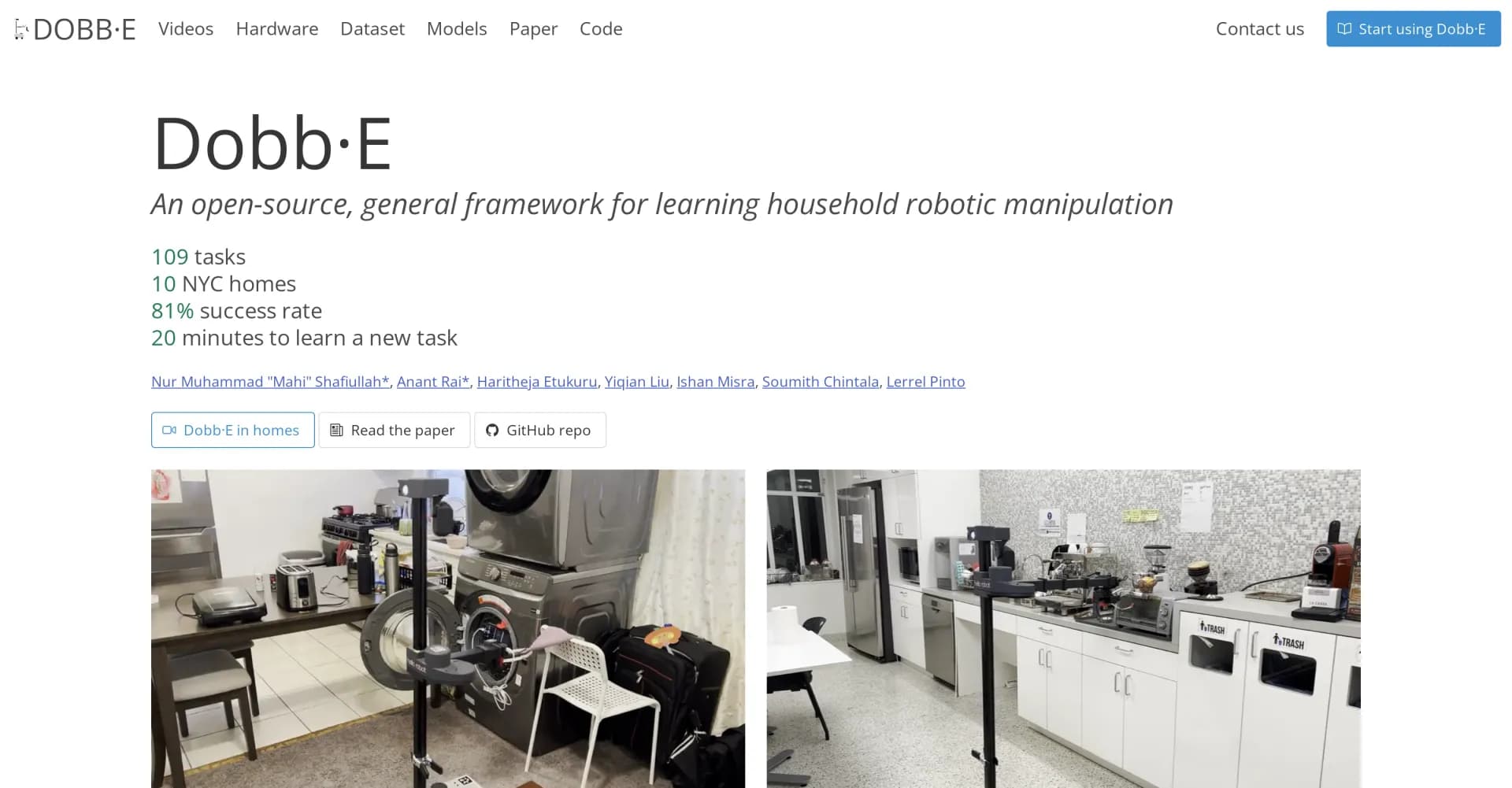 Dobb-E homepage screenshot — Train robots for household tasks in 20 minutes