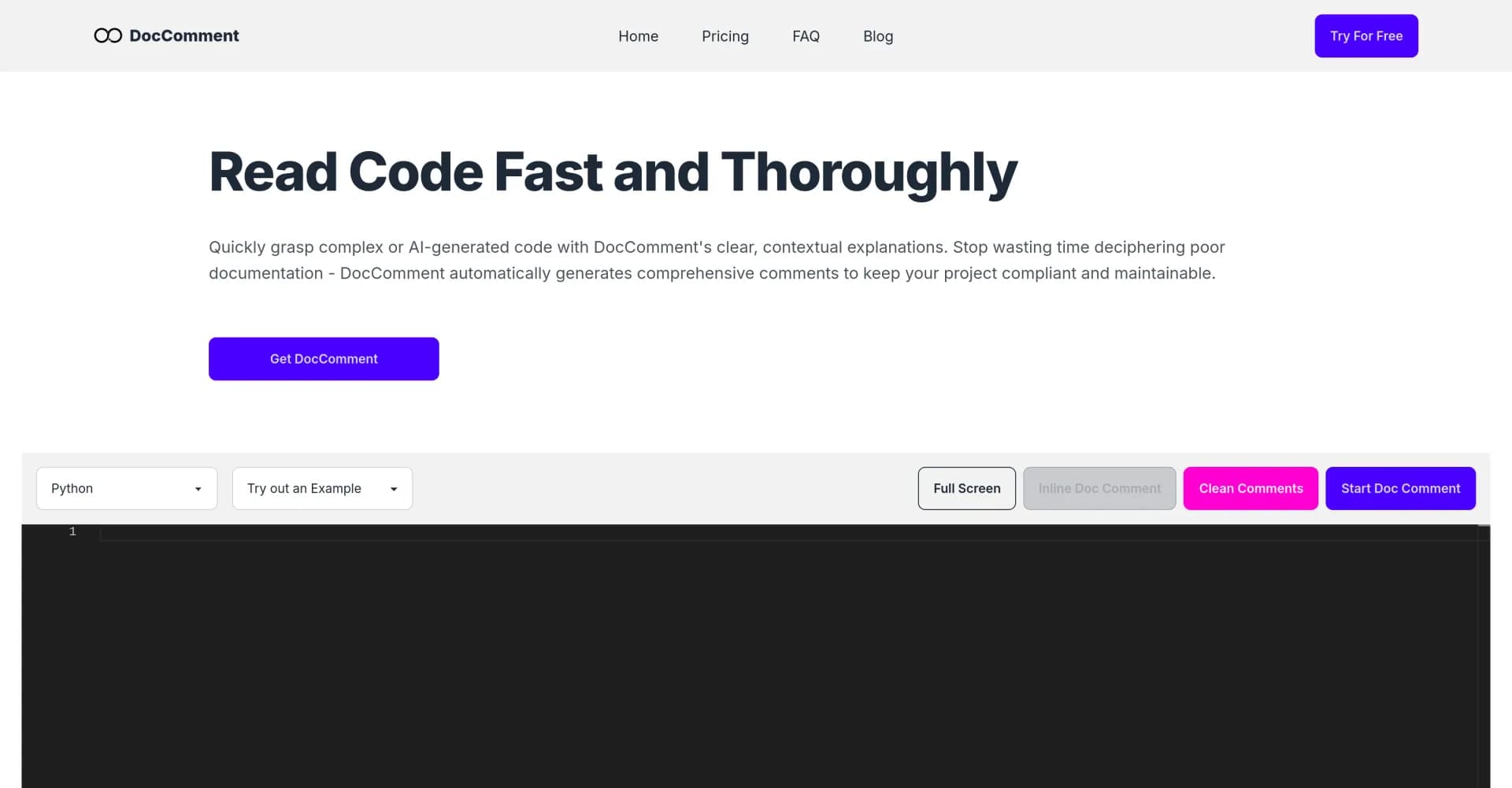 DocComment homepage screenshot — AI-powered code documentation for better readability